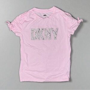 DKNY Pink with Silver Metal Stud Tee, Gathered Sleeve, Girls 12